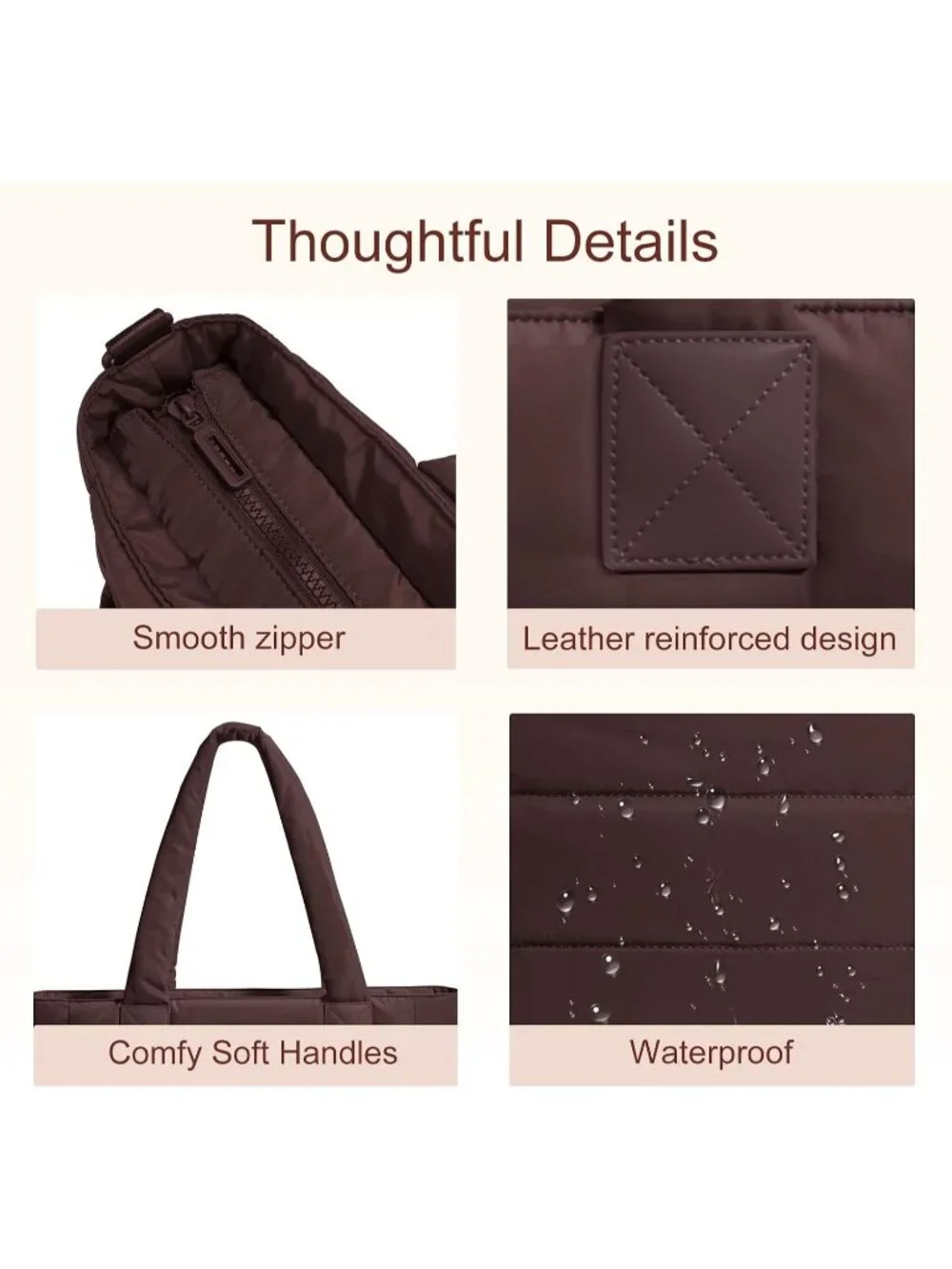 👜Women Large Coffee Quilted Puffer Tote Bag Lightweight Work For Travel Handbag